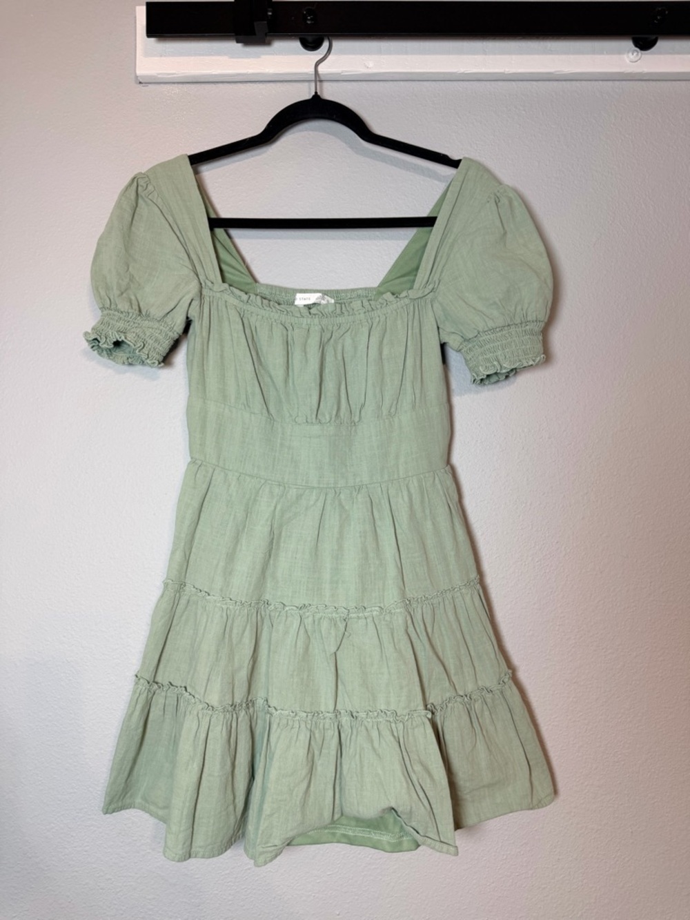 Altar'd State Puff Sleeve Tiered Mini Dress Size Small Sage Green Cottagecore